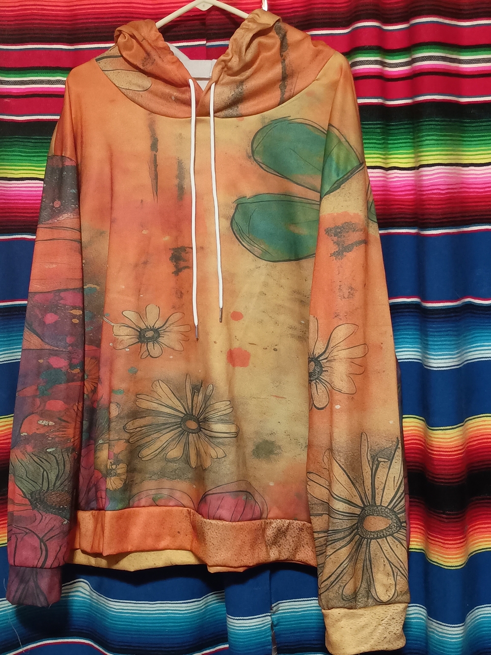 Orange Floral Drawstring Hoodie Women's 3XL